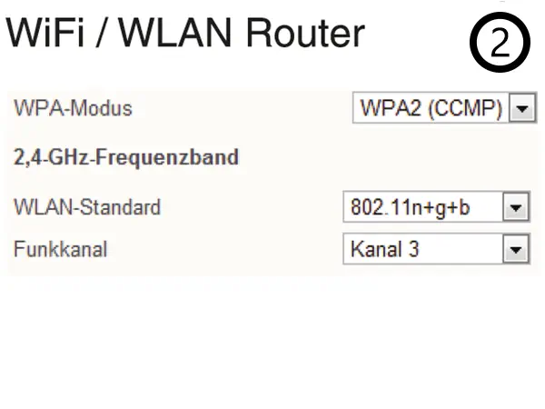 Wir empfehlen, dass Sie einen möglichst freien WLAN Kanal in Ihrem Router wählen und die WPA2 (AES bzw. CCMP) Verschlüsselung einstellen (nicht TKIP).