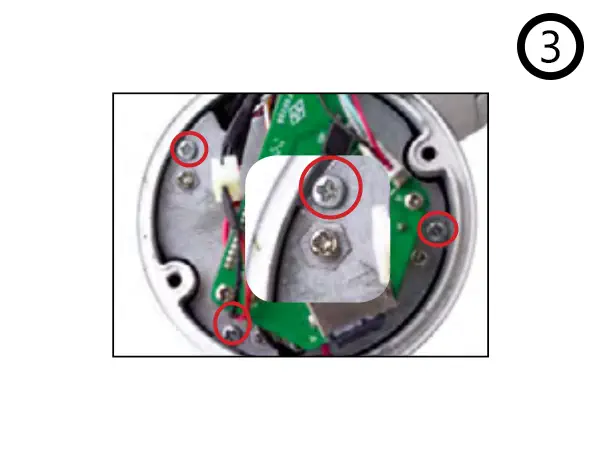 III. Remove the three screws (marked in red) which fixes the electronics to the front casing. Attention! Don’t touch the screws with a hexagon mark underneath.