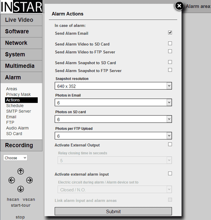INSTAR 720p Web User Interface - Alarm Actions (General)