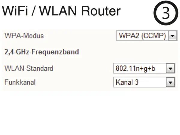 In Ihrem WLAN Router ist es empfohlen einen Kanal im Bereich von 1-6 (802.11bgn) eizustellen, sowie die WPA2/AES (CCMP) Verschlüsselung.