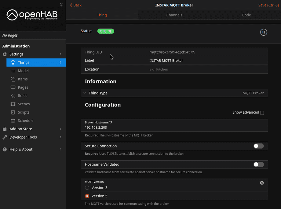 OpenHAB MQTT Discovery für INSTAR Kameras