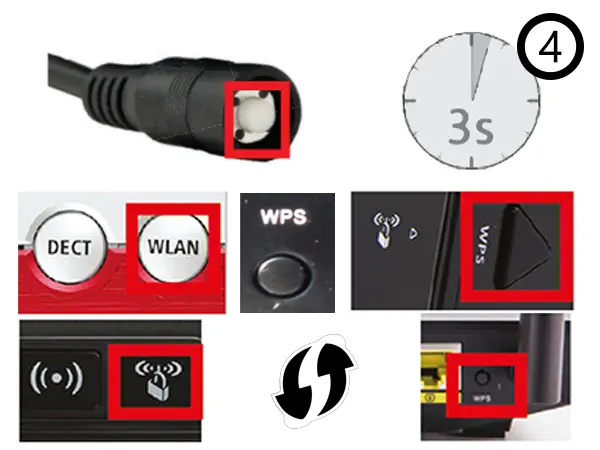 A Press the WPS button (s. above) on your router. B Press the camera´s reset button for 3s. Be aware that holding it for longer than 10s will result in a camera reset. C The camera will now automatically connect to your WiFi network. Please skip to step 7 (for PC or Mac) or 14 (for smartphone).