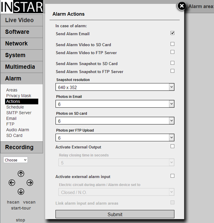 INSTAR 720p Web User Interface - Alarm Actions - General