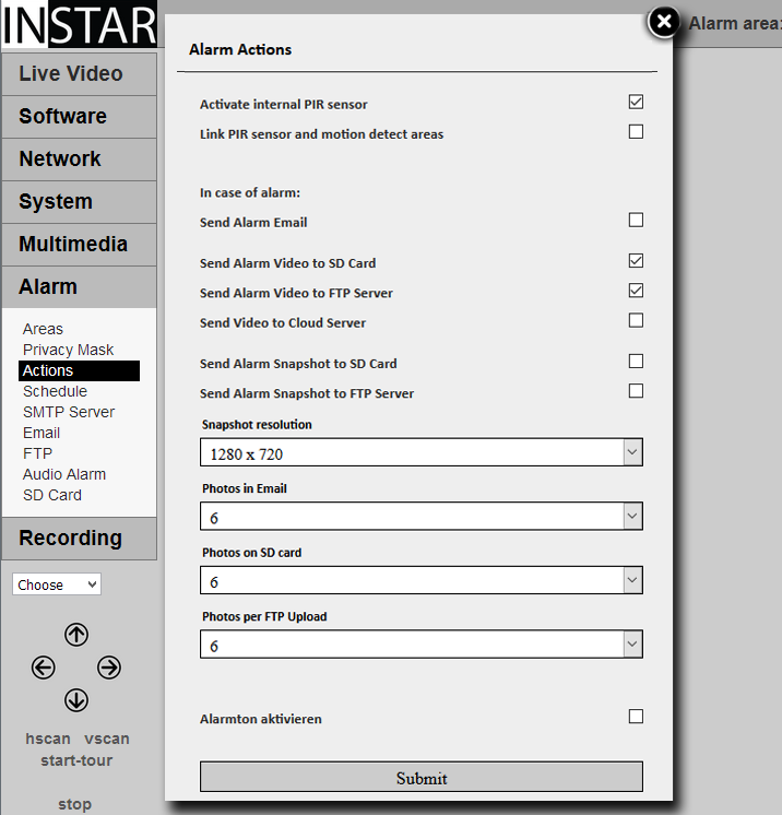 INSTAR 720p Web User Interface - Alarm Actions - IN-6014 HD