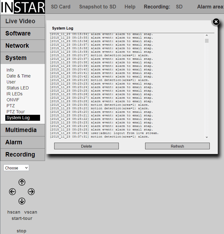 INSTAR 720p Web User Interface - System Log