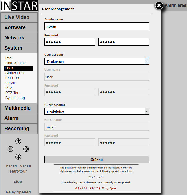 INSTAR 720p Web User Interface - User Management