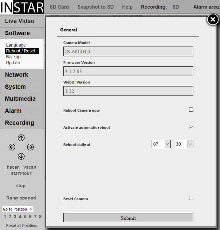 INSTAR 720p Web User Interface - Reboot & Reset