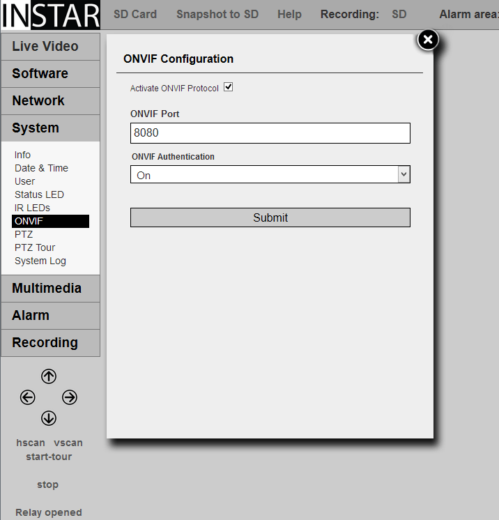 INSTAR 720p Web User Interface - ONVIF