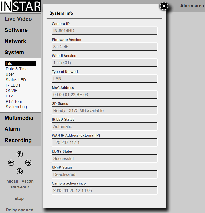 INSTAR 720p Web User Interface - System Info