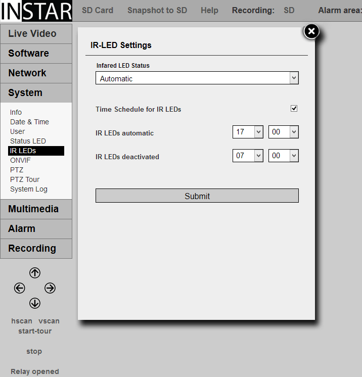 INSTAR 720p Web User Interface - IR LEDs