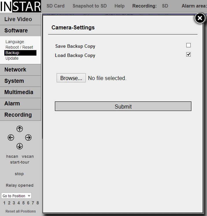 INSTAR 720p Web User Interface - Settings Backup
