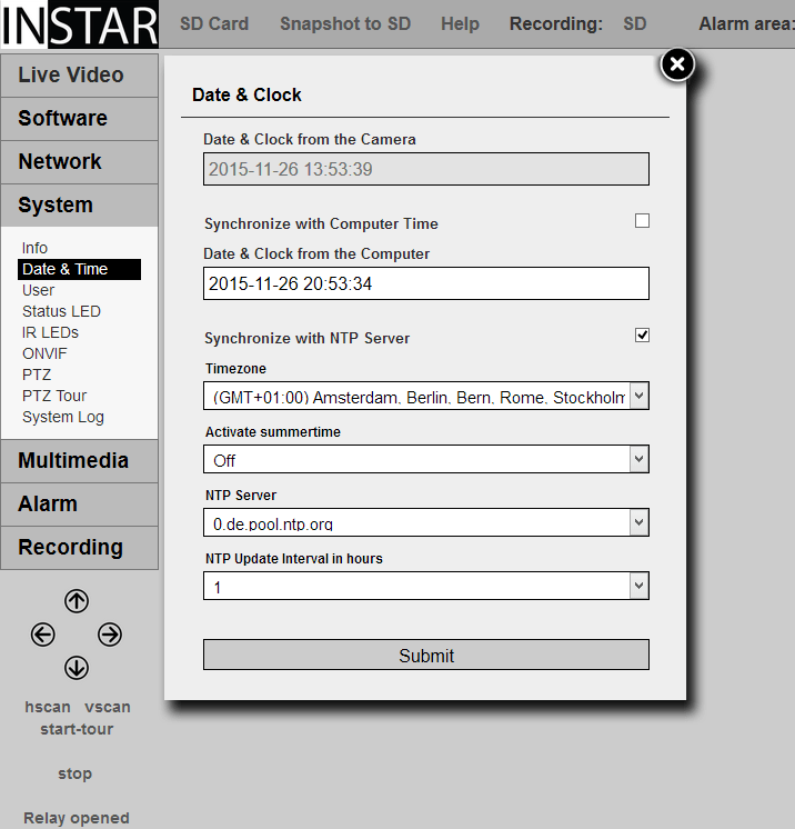 INSTAR 720p Web User Interface - System Date & Time Settings