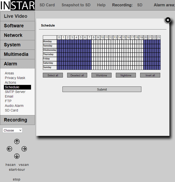 INSTAR 720p Web User Interface - Alarm Schedule